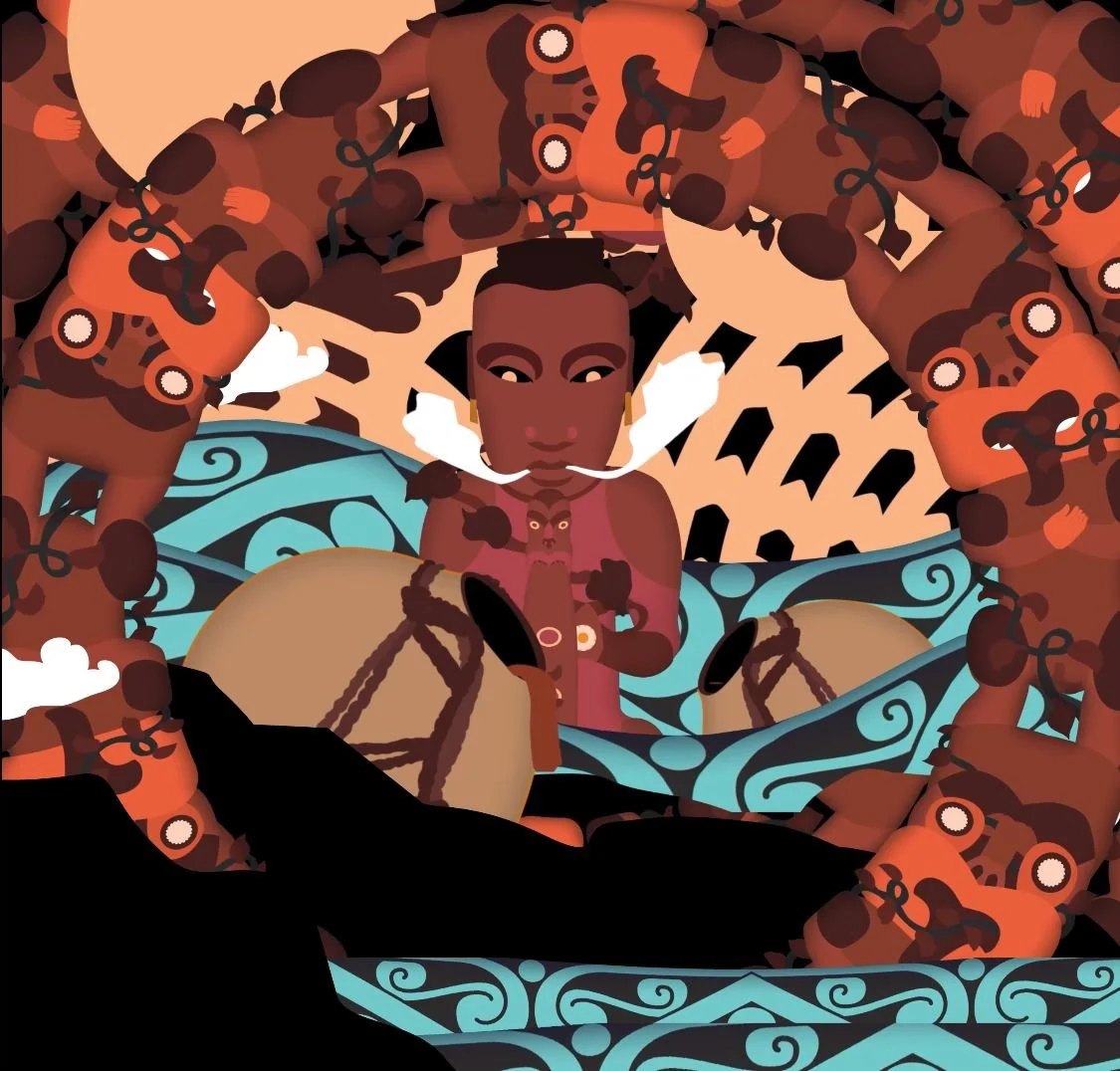  Central to the artworks are vivid references to our unique floral and faunal landscapes and their deep interconnectedness with tribal identity. The Tīeke (saddleback bird), for example, flits through the compositions as a visual homage to the sacred