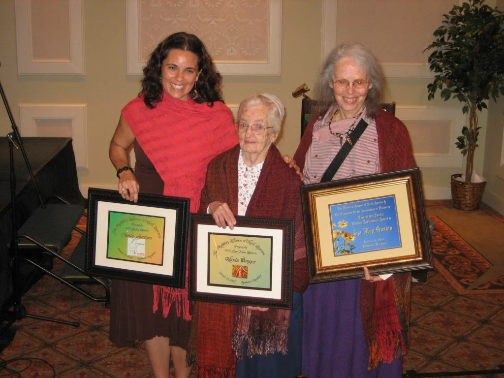 Christy receives the Sapling Award, with sister honorees, including Ina May Gaskin, honored with a Lifetime Achievement Award!