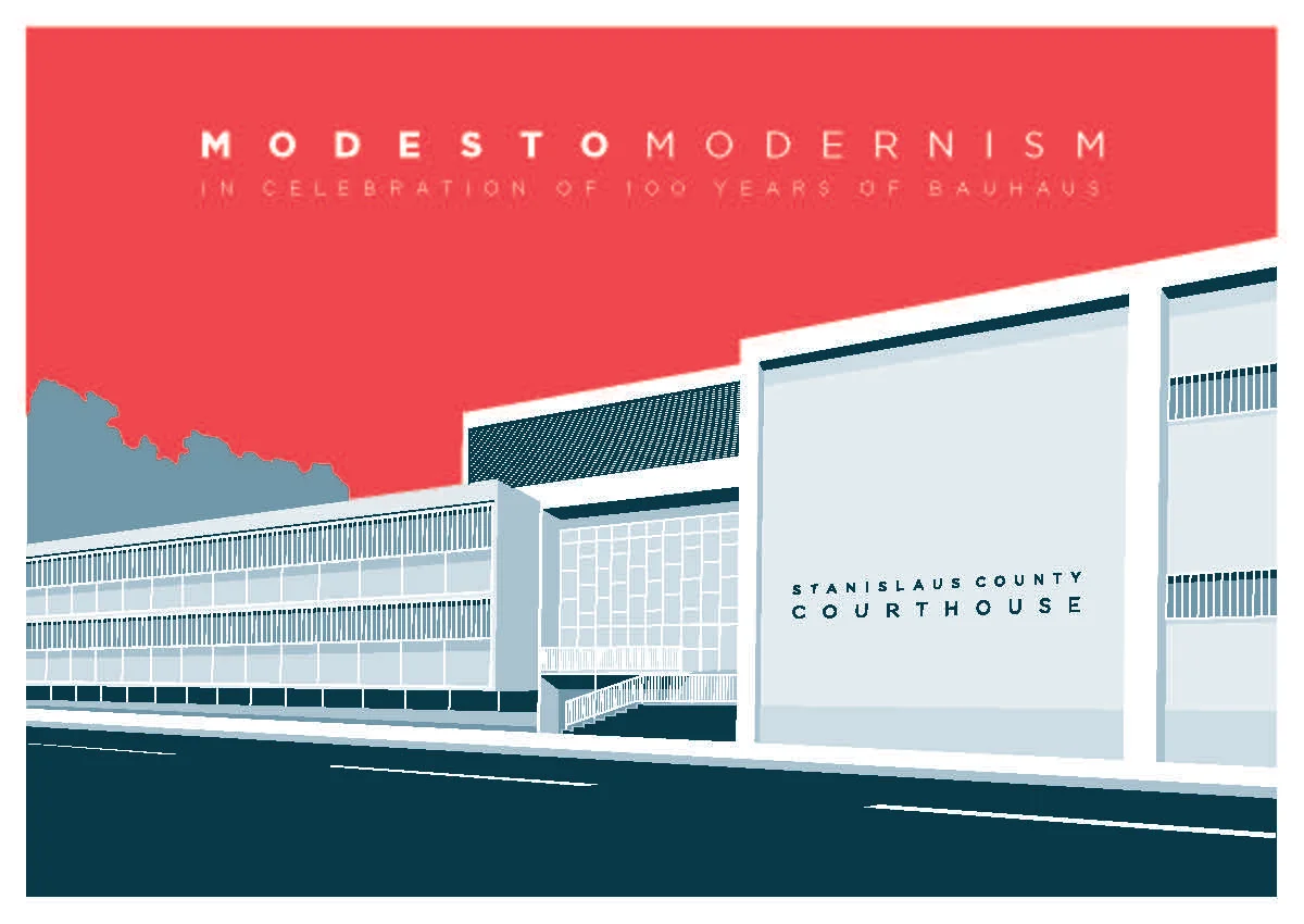 The MADWEEK 2019 Opening Evening will include the unveiling of the second in a series of posters of Modernist buildings in Modesto, designed by local designer Eric Le to celebrate the Bauhaus style Stanislaus County Courthouse designed by Mitchell Van Bourg in 1960.