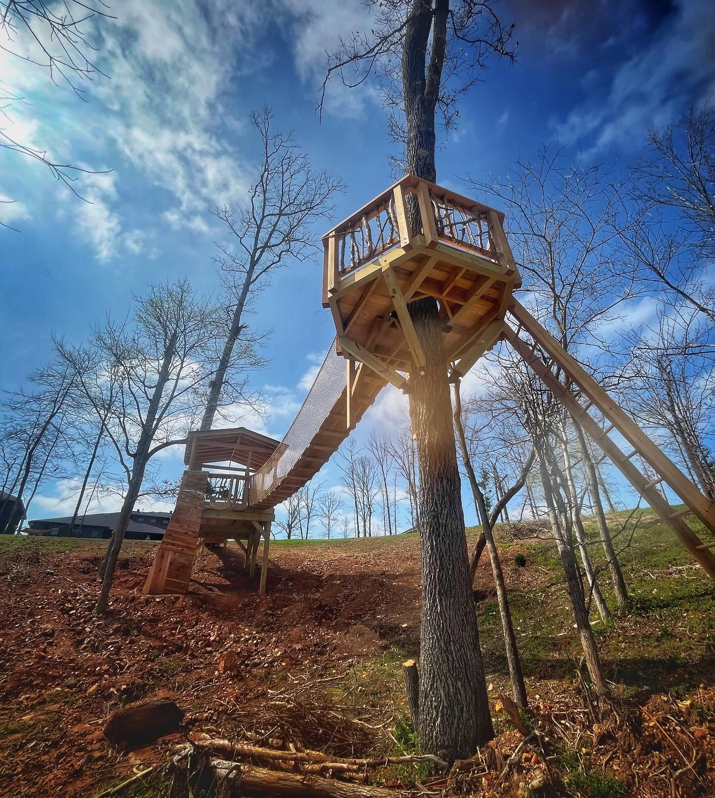 Great creativity and craftsmanship by @jake_mitchael and team on our latest treehouse.  That&rsquo;s a 30&rsquo; long, 14&rsquo; high bridge!