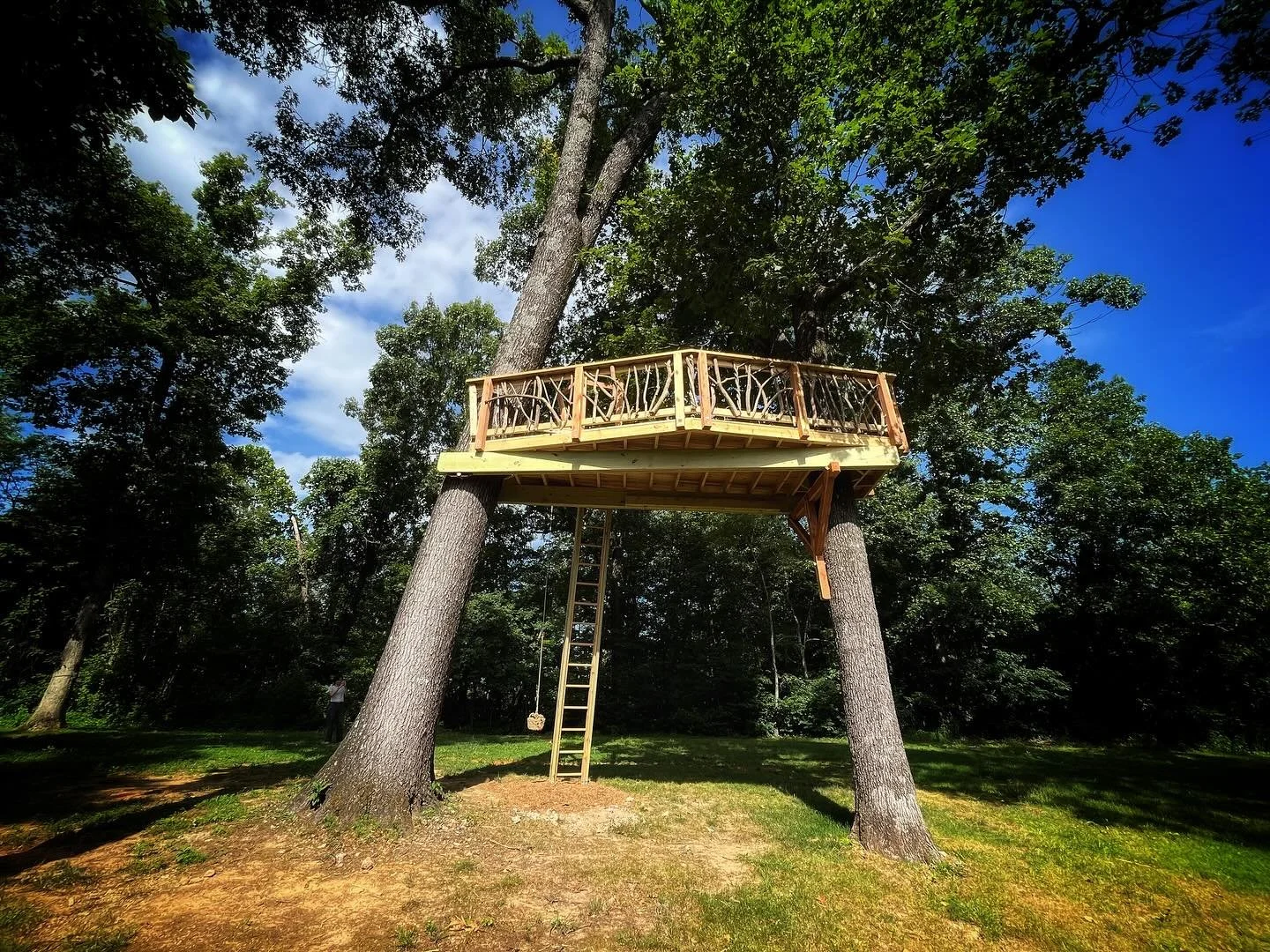 16&rsquo; high platform, open air treehouse with honeysuckle branch railings.  One of our favorite simple designs when the setting and view is this beautiful.  Sometimes all you need is a way to get up in the trees and see it all from above. 
.
Fabul
