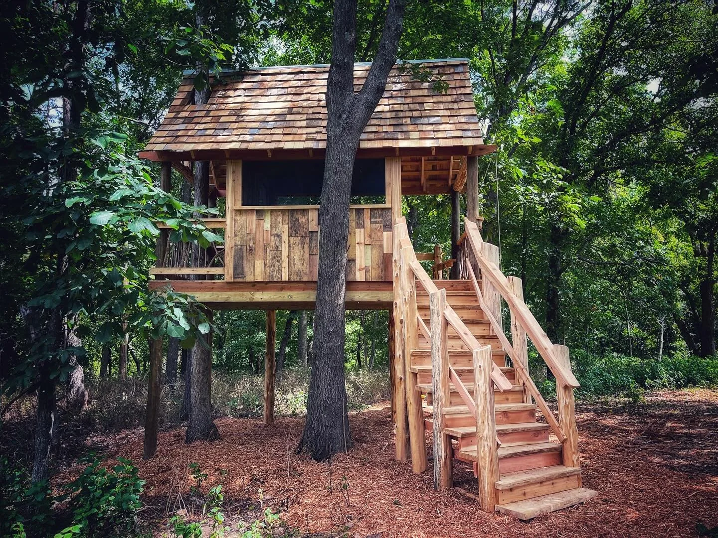 Materials details from a recent treehouse build - this was a special one, with siding and roof shingles fabricated from treehouse scraps by our summer interns Nico and Violet, and honeysuckle railing fill harvested from one of our invasive species re