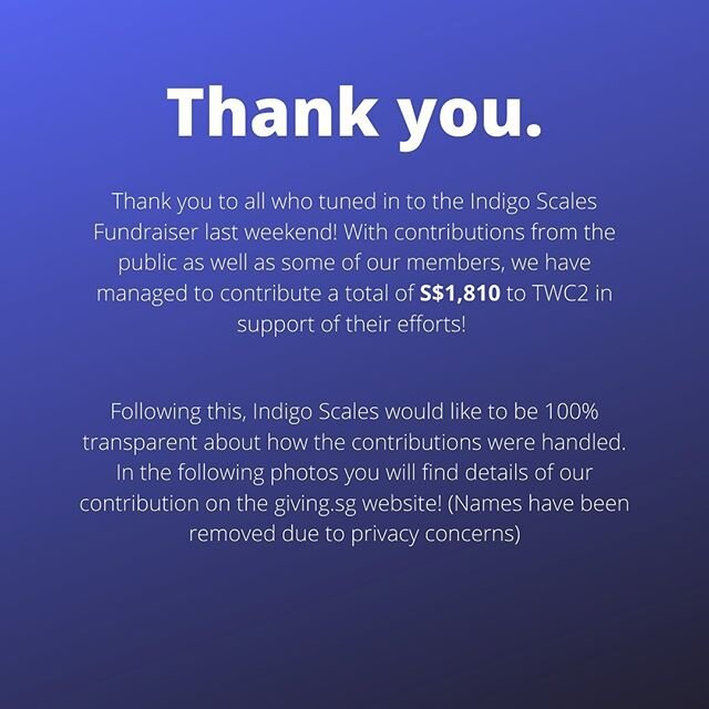 Hi everyone!

Thank you for making the Indigo Scales Fundraiser such a success! WIth the combined contributions of our members and the public, we&rsquo;ve raised a total of $1,810 to support TWC2&rsquo;s efforts.

To ensure accountability to all who 