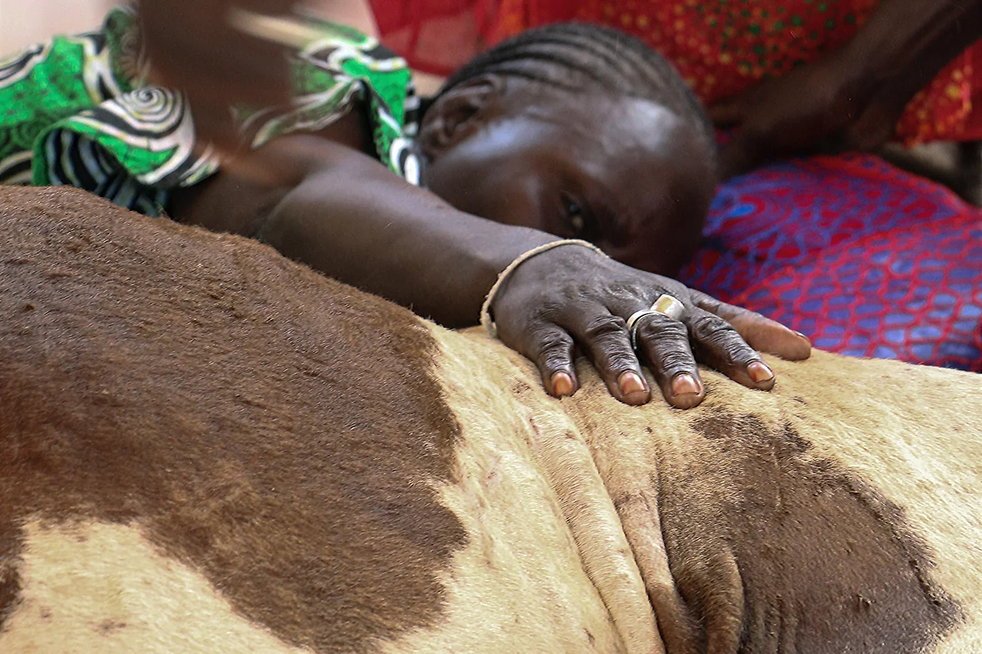 A woman takes part in a ritual called Ndepp in the village of Deni Biram Ndao, Senegal. The ritual is celebrated by the ethnic group of the Lebou. By sacrificing a zebu a person will be reconciled with the spirits. Eine Frau nimmt an einem sogenannten Ndepp-Ritual in Deni Biram Ndao, einem Dorf in Senegal, teil. Das Ritual wird von den Lebous praktiziert. Indem ein Zebu geopfert wird, versöhnt sich eine Person mit den Geistern und wird geheilt.