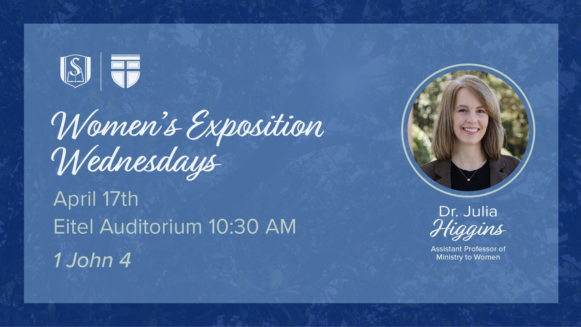 Hey ladies, join us April 17th for Women's Exposition Wednesday! Dr. Julia Higgins will be teaching from 1 John 4. Join us for a time of worship and learning from Scripture!