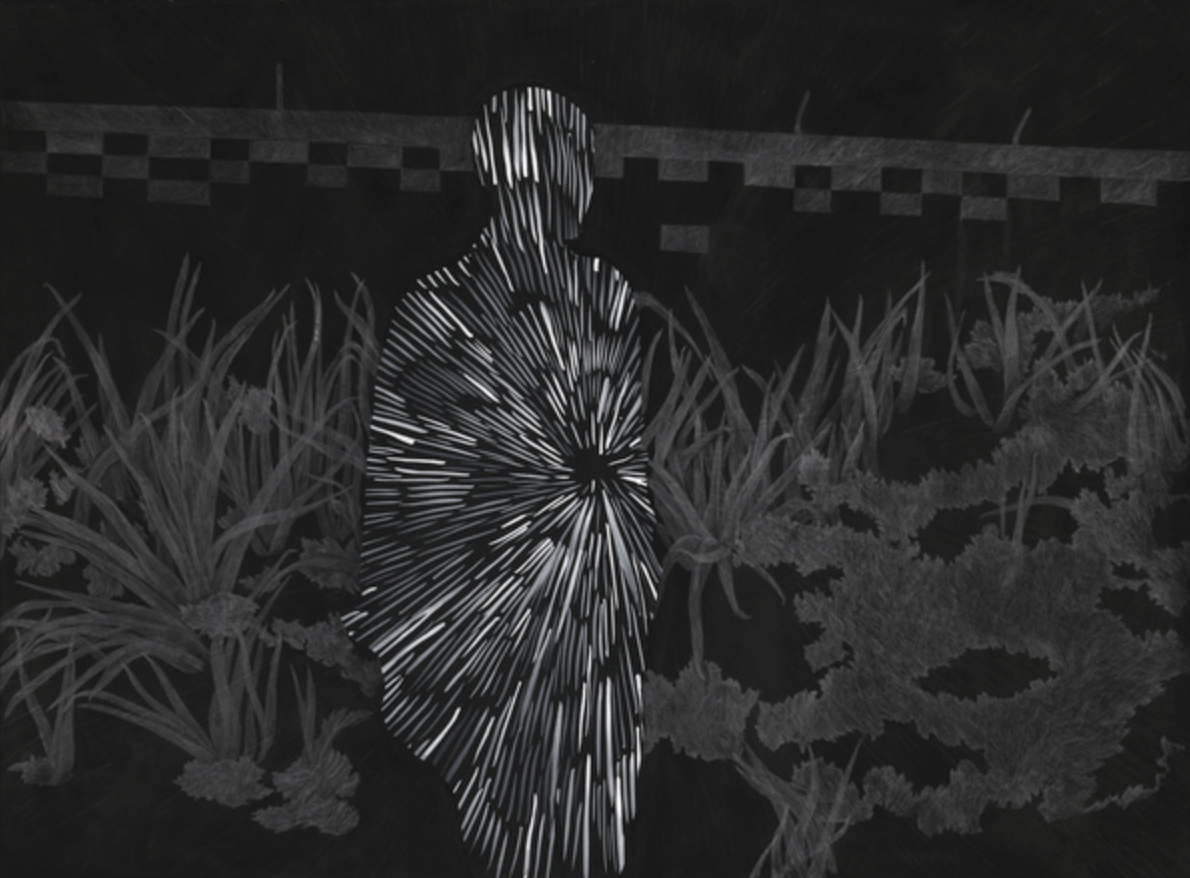 "All the Light Begins and Is Borrowed," 2021, graphite, acrylic, and ink on paper, 30 x 22 in