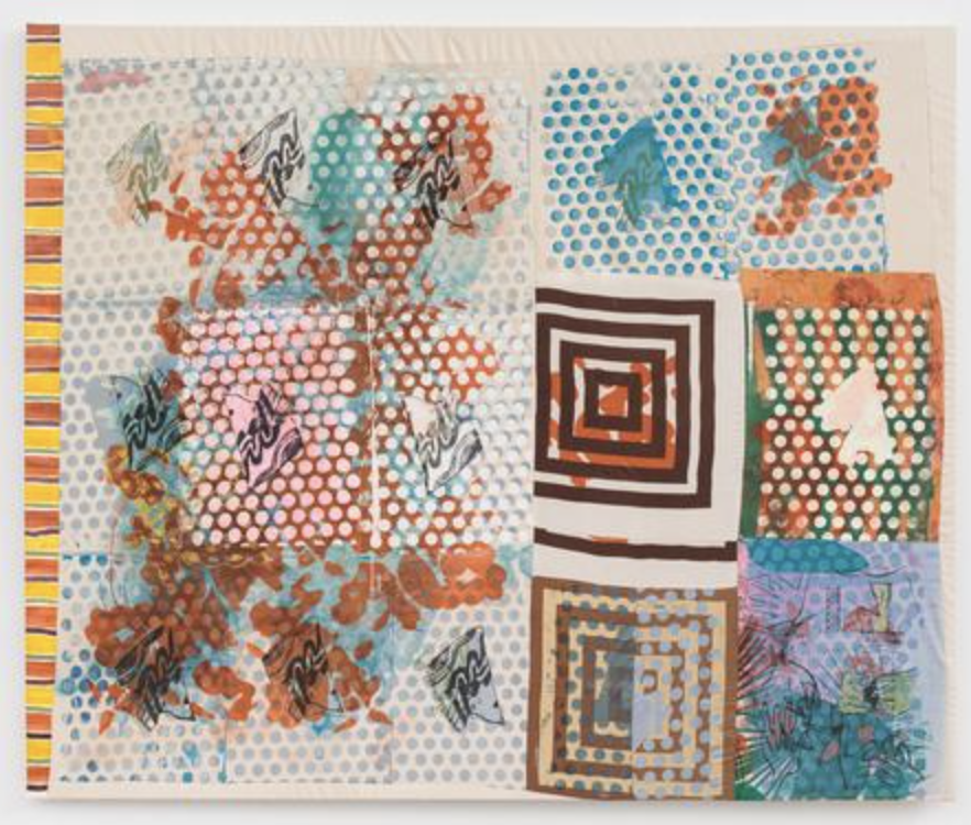 Molly Zuckerman-Hartung, Carpet-bomb, 2018, Silkscreens and acrylic paint on sewn gessoed and raw canvas, silk and polyester scarves, 65 x 79 in