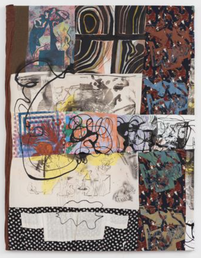 Molly Zuckerman-Hartung, Crump Hole, 2018, Silkscreens and enamel paint on printed and sewn cotton, gessoed canvas, muslin, Lurex, kimono silk and polyester scarf, 88 x 68 in