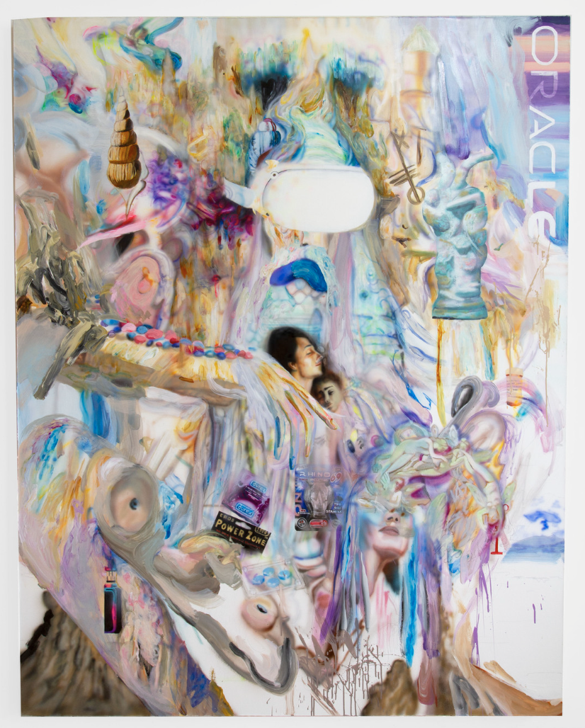 ,Andrew Woolbright, "Haruspex of the digital sublime (the sandcastle Shrinebeast)(the shaman Doomer Wojak has a beach day)," 2021-2022, Oil and acrylic on canvas, 78 x 62 in