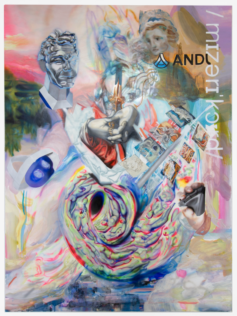 Andrew Woolbright, "The Opal Sandcastle Ghost Bites the Misericorde" 2022, Oil and acrylic on canvas, 72 x 54 in