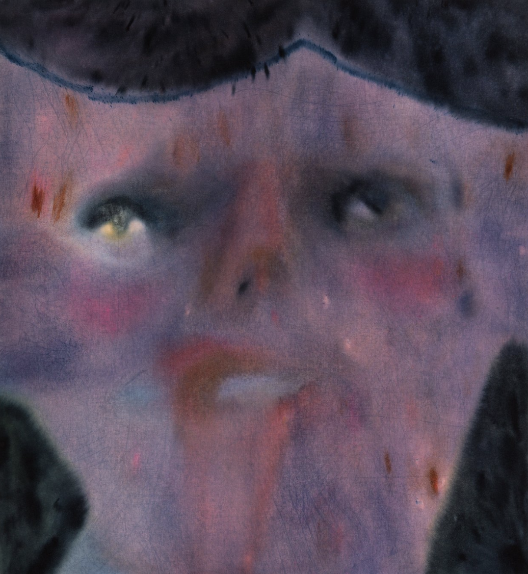Loren Erdrich, "Security, Affection, Control", 2022, water, raw pigment, dye, acrylic, bleach, water-soluble pastel and colored pencil on muslin, 72 x 66 in