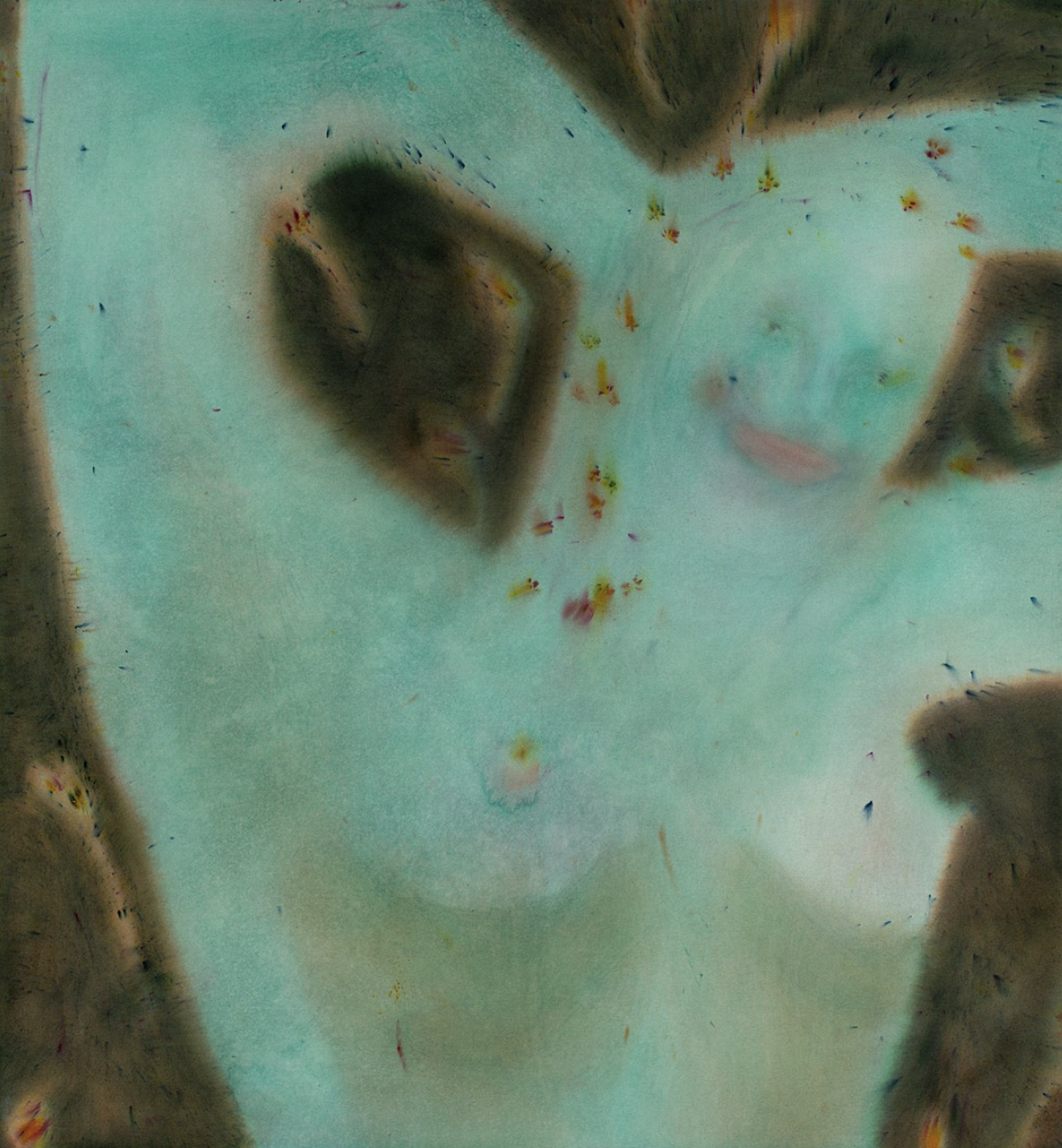 "Dirt", water, raw pigment, dye, acrylic, bleach, water-soluble pastel and colored pencil on muslin, 56x52", 2022