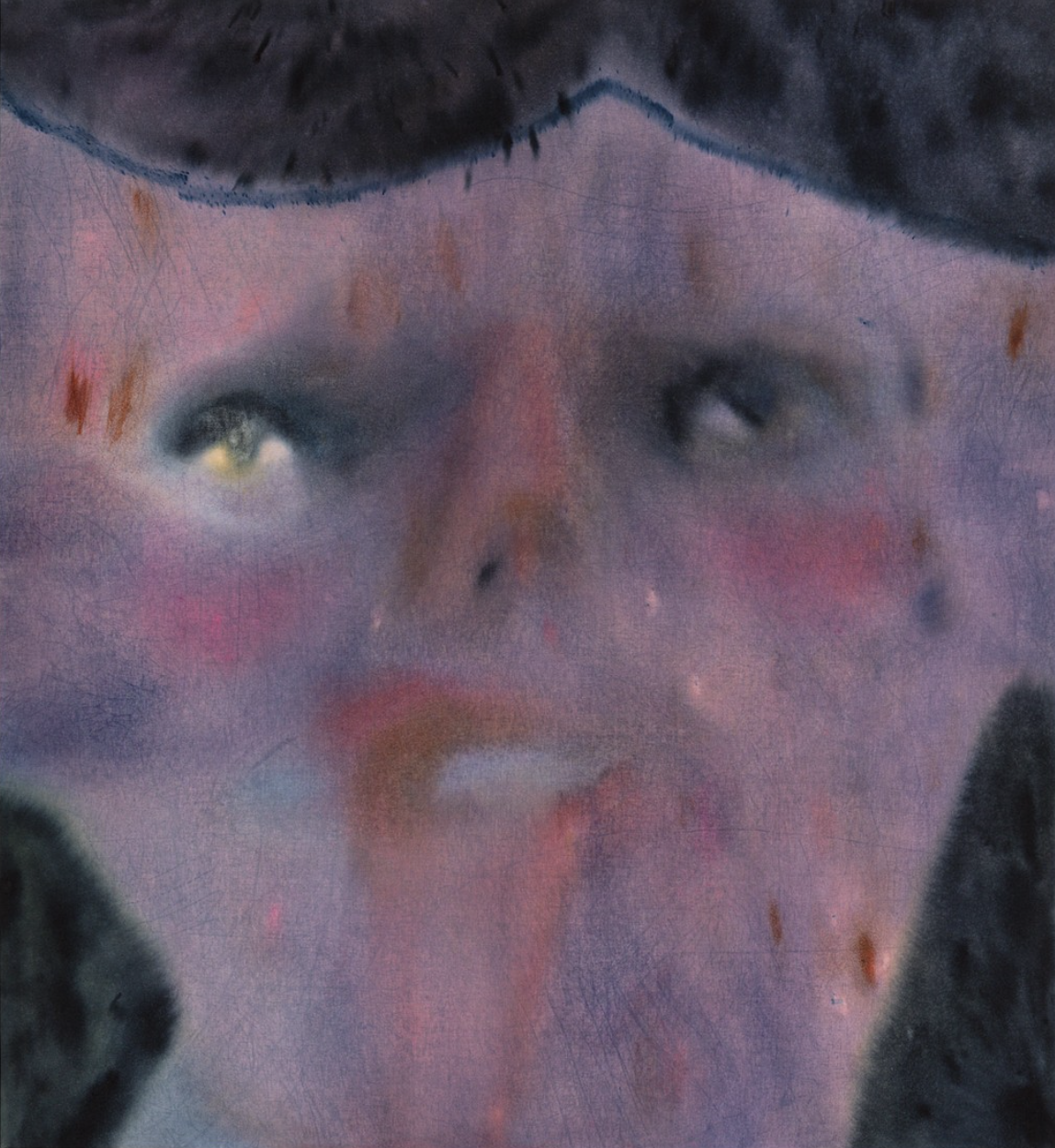 "Security, Affection, Control", water, raw pigment, dye, acrylic, bleach, water-soluble pastel and colored pencil on muslin, 72x66", 2022