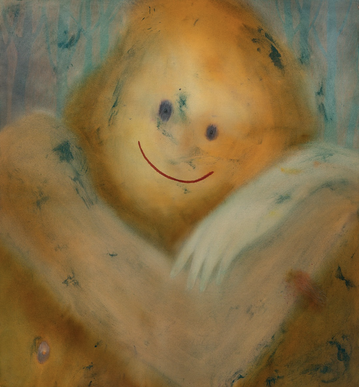 "Saving Face", water, raw pigment, organic and synthetic dye and colored pencil on muslin, 56x52", 2021