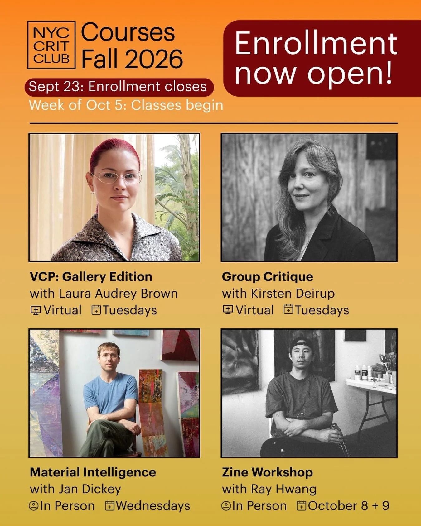 🍁Enrollment is OPEN for our Fall 2026 Course! 🍁

🗓️ Fall 2026 Courses run from October 6th - November 24th! Our virtual courses will be 6-8 weeks long, offered online via Zoom for artists around the world! We will host an 8 week Material Intellige