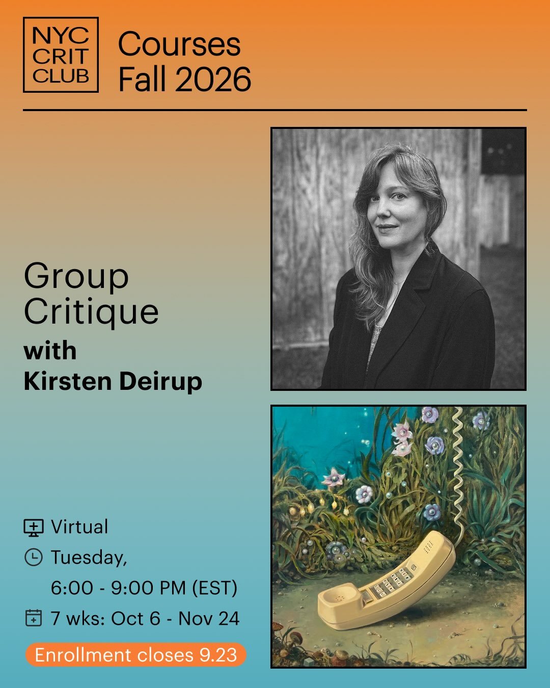 🔥Enroll by September 23rd! Seats are limited - first come first served! 🔥
⠀⠀⠀⠀⠀⠀⠀⠀⠀
🚀Artist Kirsten Deirup ( @kirstendeirup ) will be leading a 7-week virtual Group Critique Course.

✏️ Artists in the Group Critique course will meet via Zoom over 