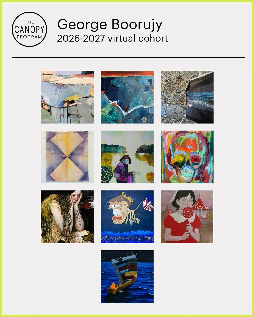 ⚡️We are honored to highlight artworks by artists in George Boorujy&rsquo;s ( @georgeboorujy) Cohort for the 2026-2027 Canopy Program! ✨🫶
⠀⠀⠀⠀⠀⠀⠀⠀⠀
📚🎨 The Canopy Program is a year-long mentorship intensive. This cohort of artists under the mentors