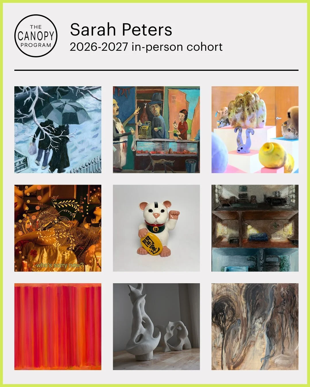 💫We are honored to highlight artworks by artists in Sarah Peters&rsquo; ( @sarah.peters.sculpture) Cohort for the 2026-2027 Canopy Program! ✨🫶
⠀⠀⠀⠀⠀⠀⠀⠀⠀
📚🎨 The Canopy Program is a year-long mentorship intensive. This cohort of artists under the m