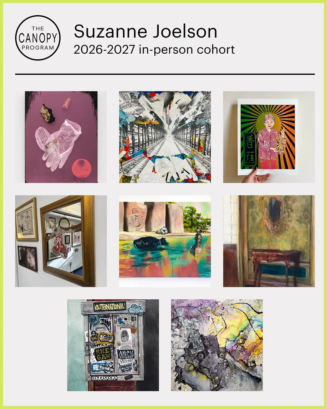 ⚡️We are honored to highlight artworks by artists in Suzanne Joelson&rsquo;s ( @szjoel) Cohort for the 2026-2027 Canopy Program! ✨🫶
⠀⠀⠀⠀⠀⠀⠀⠀⠀
📚🎨 The Canopy Program is a year-long mentorship intensive. This cohort of artists under the mentorship of