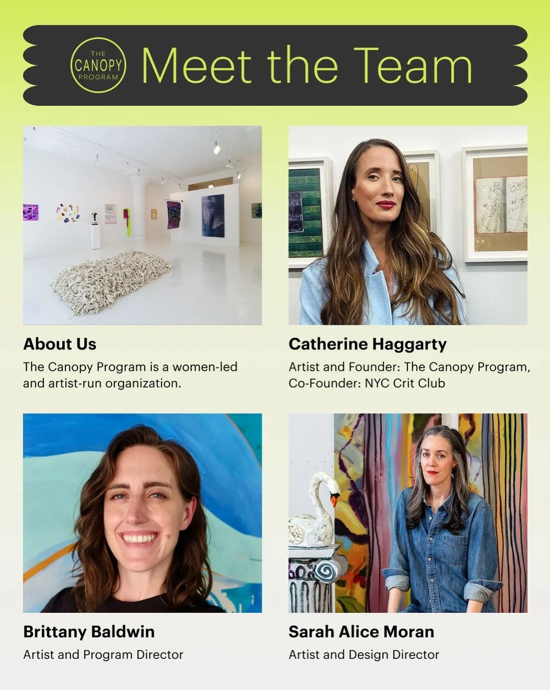 💥Meet the Canopy team! 

💭Ever wonder who&rsquo;s making the schedules and sending out emails (among many others tasks)?

🎨We&rsquo;re an art program run by artists:

Catherine Haggarty, (@catherine_haggarty), Artist and Founder: The Canopy Progra