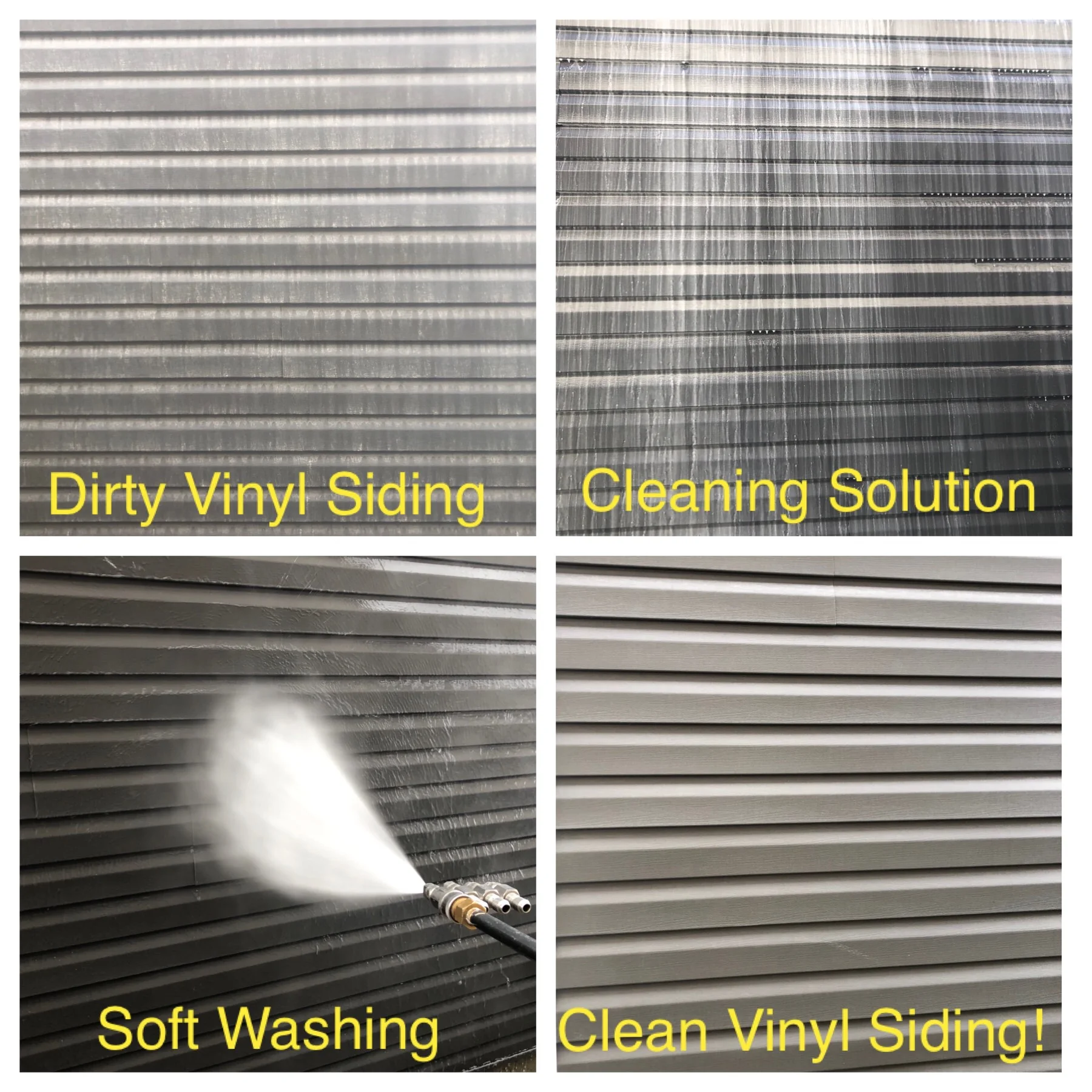 Soft Washing and NOT High Pressure For Vinyl Siding, Stucco, Hardie Board, Cedar and Composite Surfaces.  Our Process To Get Your Property Cleaned Safely