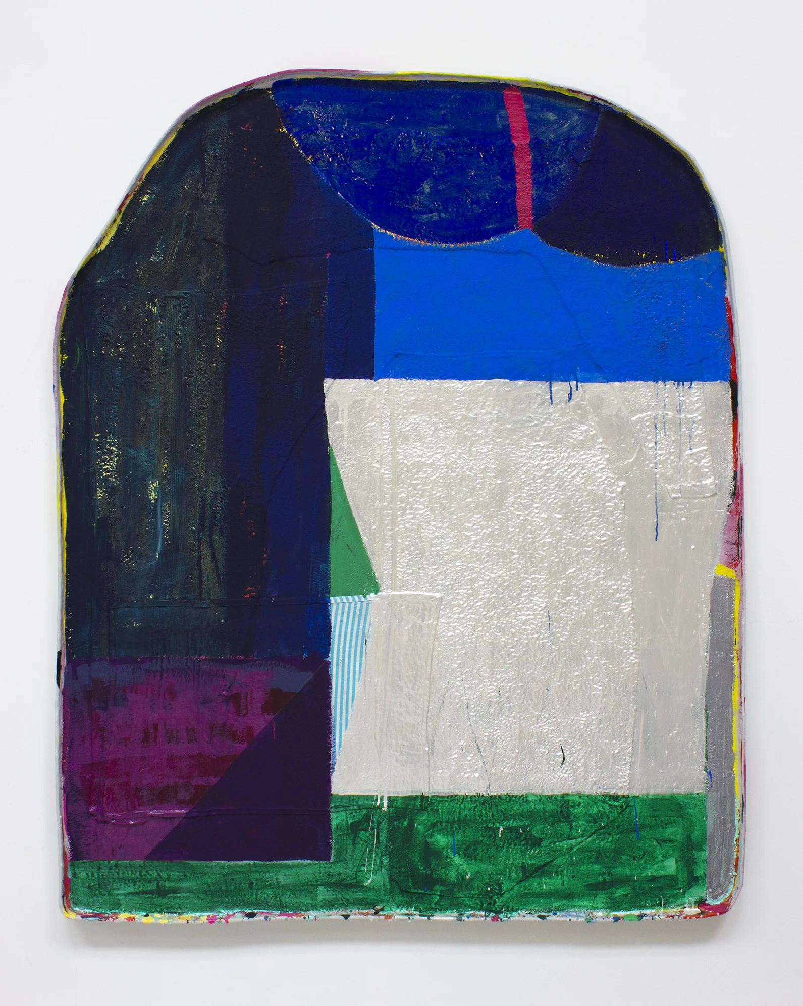 Tick Tock / 2018 / Acrylic, flashe, aluminum foil, fabric, and apoxie sculpt on sealed rigid wrap / 58 x 47 x 1.5 inches (147 x 120 x 4 cm)