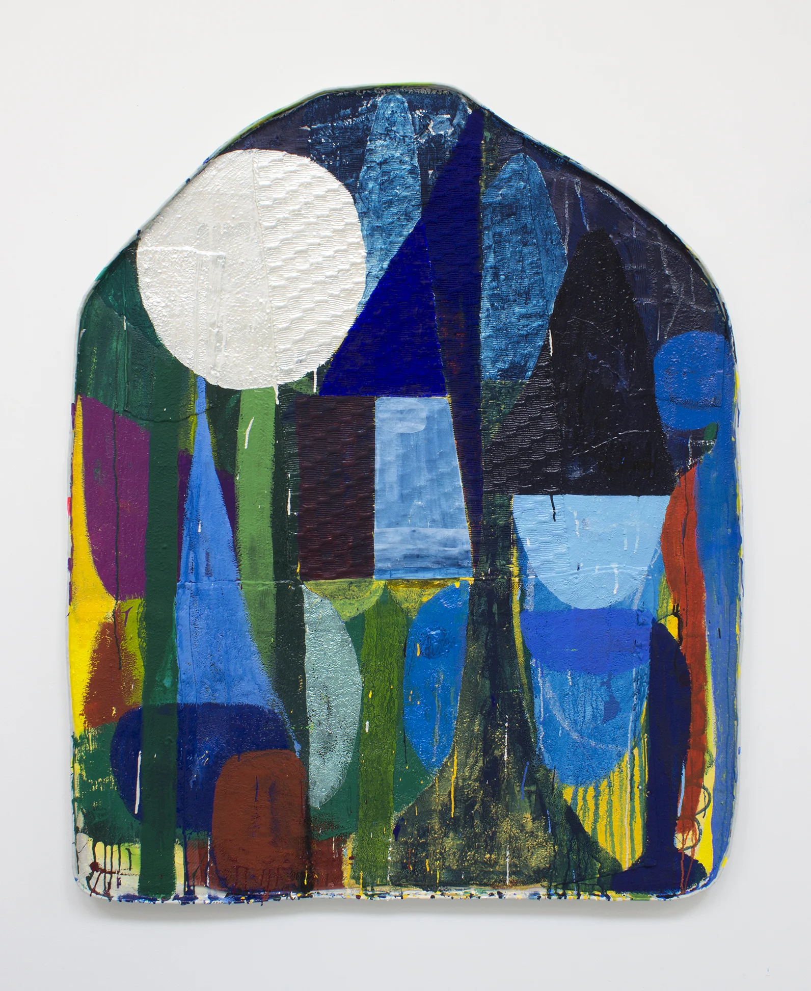 Light On The Shadows / 2018 / Acrylic, flashe, fabric, and apoxie sculpt on sealed rigid wrap / 58 x 47 x 1.25 inches (147 x 119 x 3 cm)