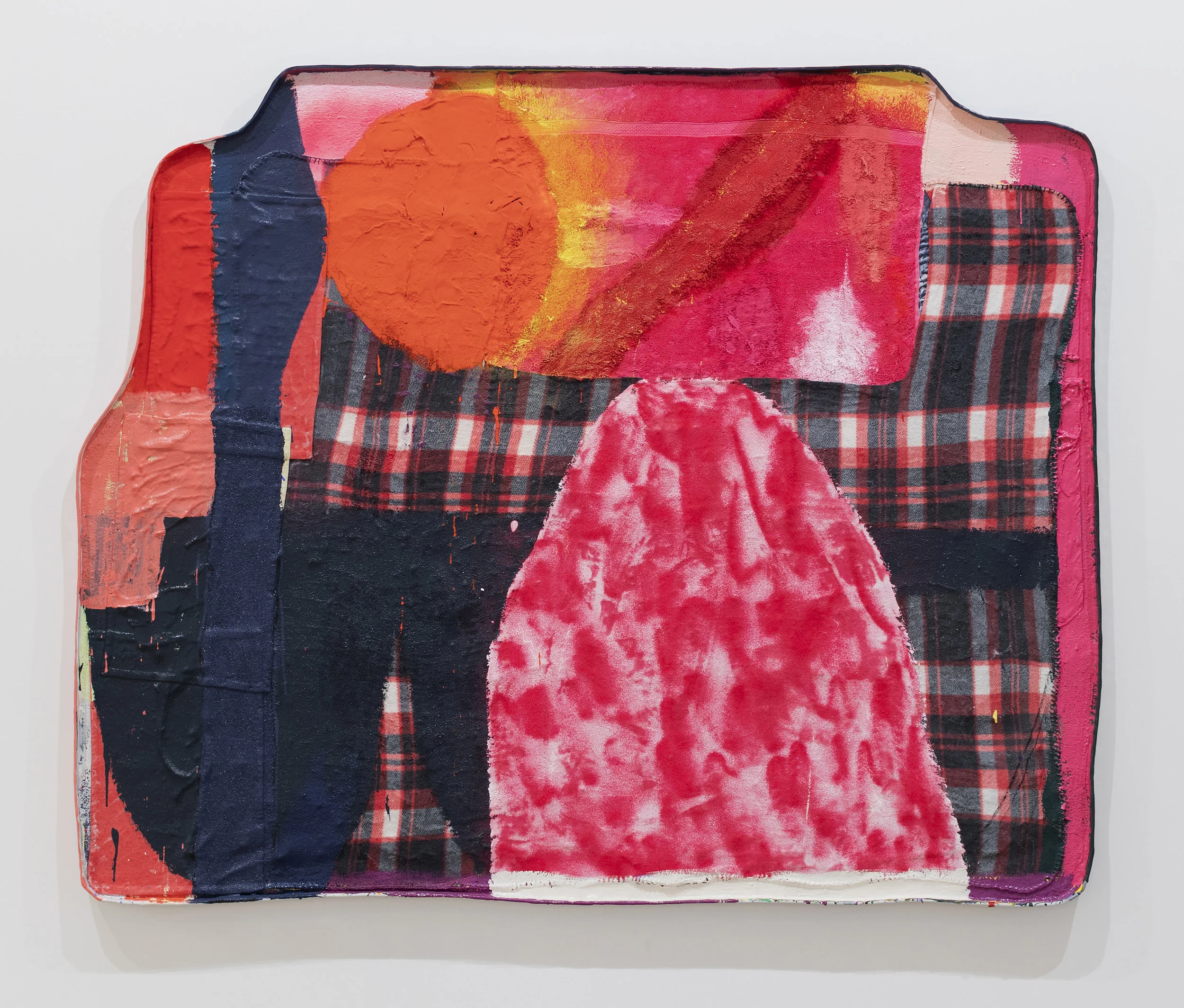 Scars In Armor / 2019 / Acrylic, fabric, sand, glitter, and apoxie sculpt on reinforced rigid wrap / 57.5 x 70.5 x 1.75 in (145 x 178 x 3 cm)
