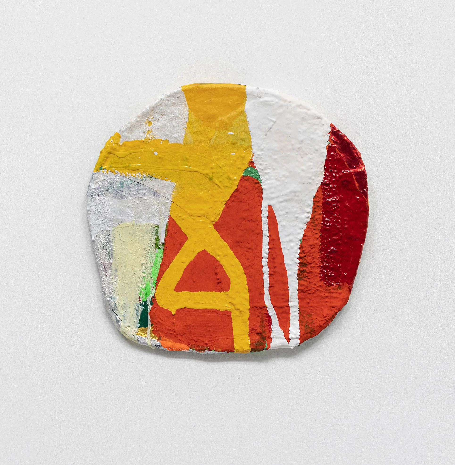 Untitled / 2019 / Acrylic, foil paper, fabric on sealed rigid wrap / 13 x 13.5 x .5 inches (33 x 34 x 1.3 cm)