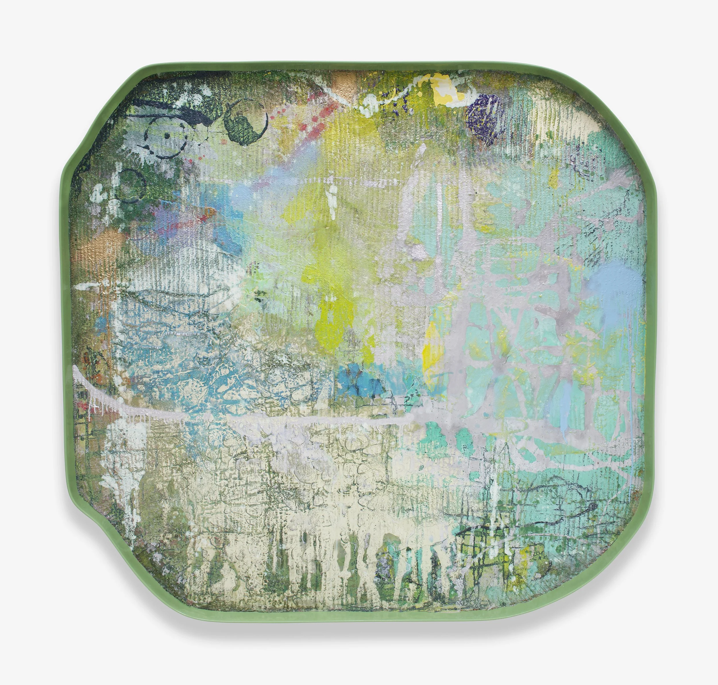 Shed  / 2025 / Acrylic, fabric, plaster, mica, sand, and epoxy on extruded polystyrene / 59 x 62 1⁄4 x 3 1⁄4 inches (149.9 x 158.1 x 8.3 cm)