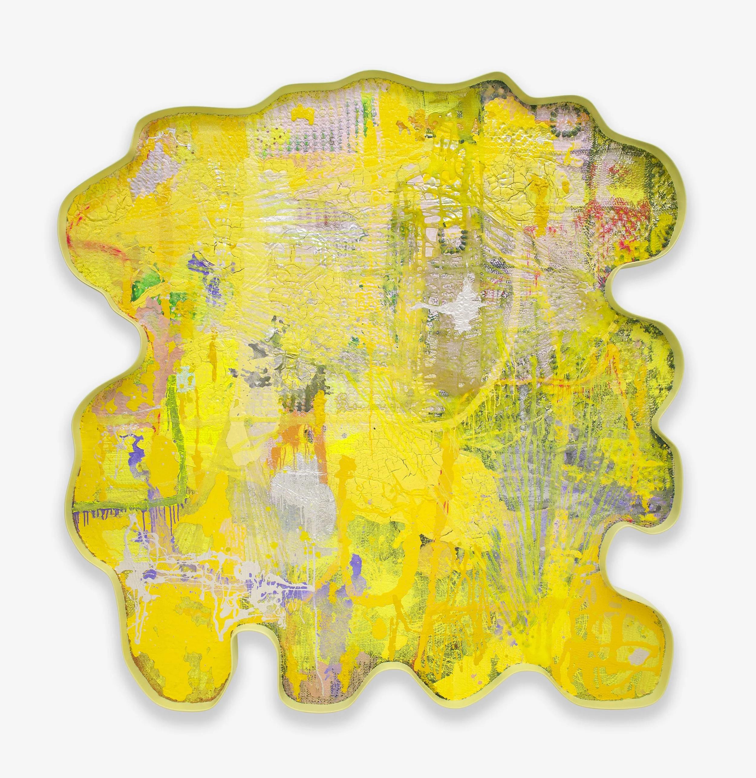   Osk  / 2025 / Acrylic, fabric, plaster, mica, and epoxy on extruded polystyrene / 77 1/2 x 75 1/2  x 3 1⁄4 inches (196.9 x 191.8 x 8 cm) 