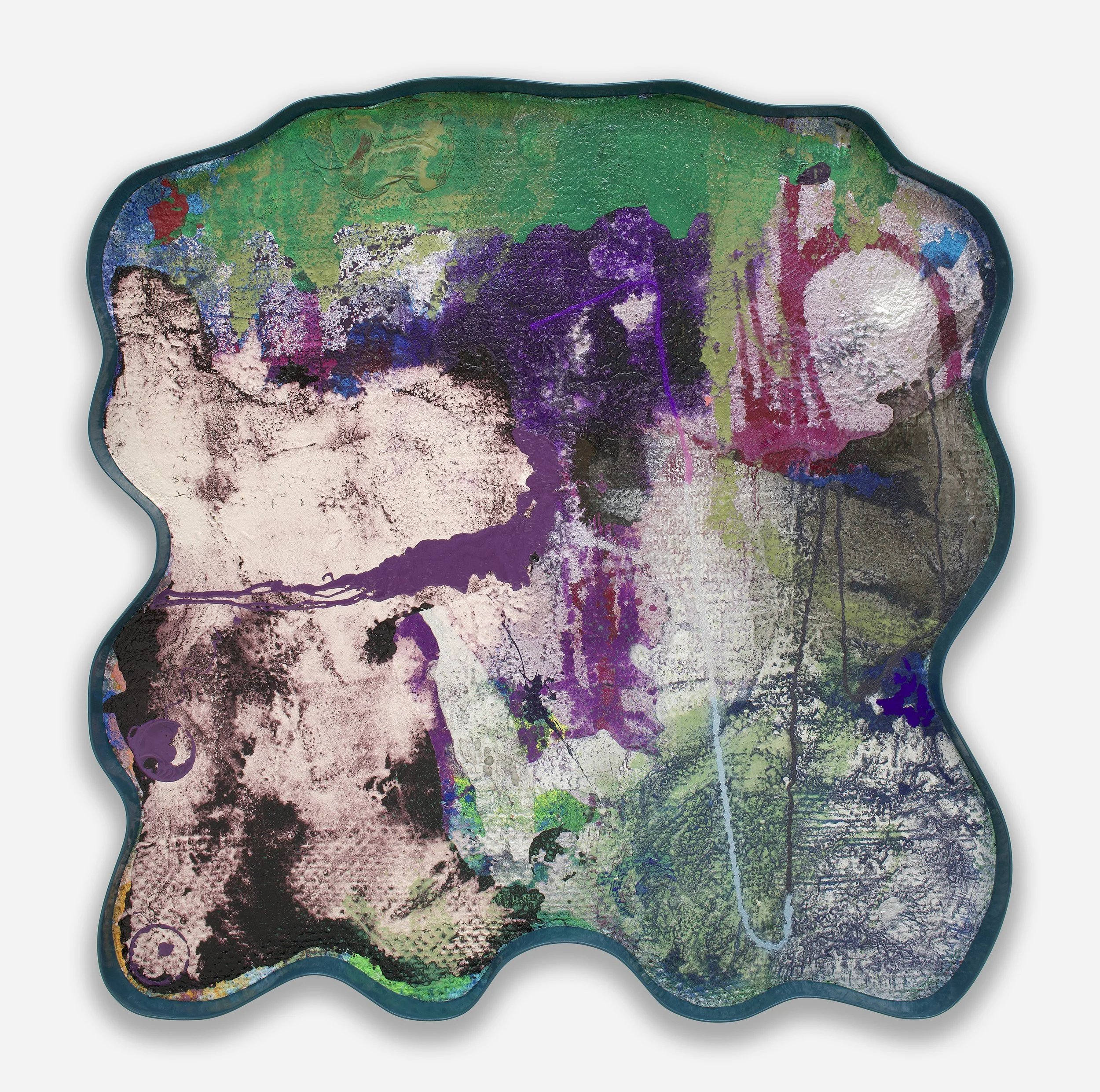   Hwyl  / 2026 / Mixed media, and epoxy on extruded polystyrene / 66 x 65 1/4  x 3 1/4 inches (167.6 x 165.7 x 8.3 cm) 