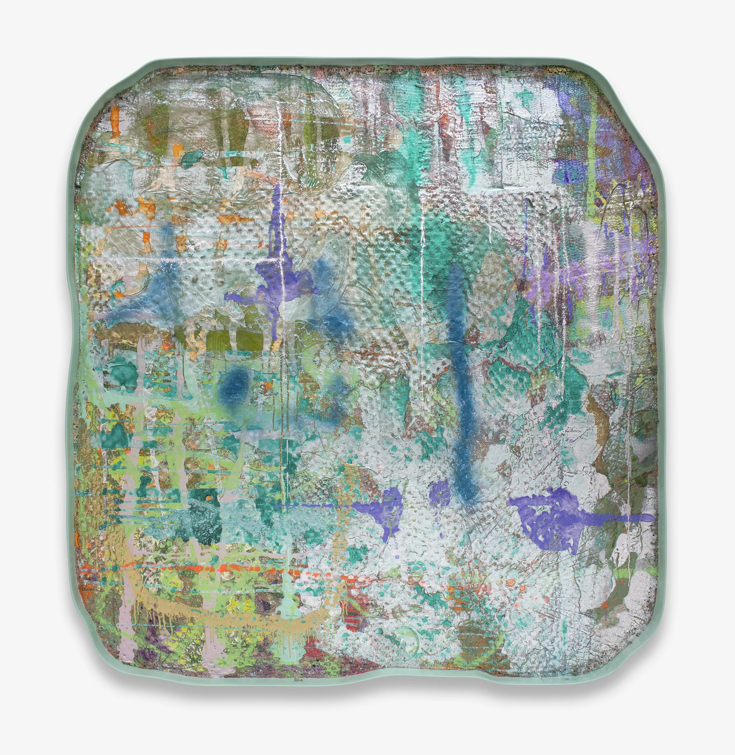 Tilt  / 2025 / Acrylic, fabric, plaster, mica, sand, and epoxy on extruded polystyrene / 72 x 69 x 3 1⁄4 inches (182.9 x 175.3 x 8.3 cm)