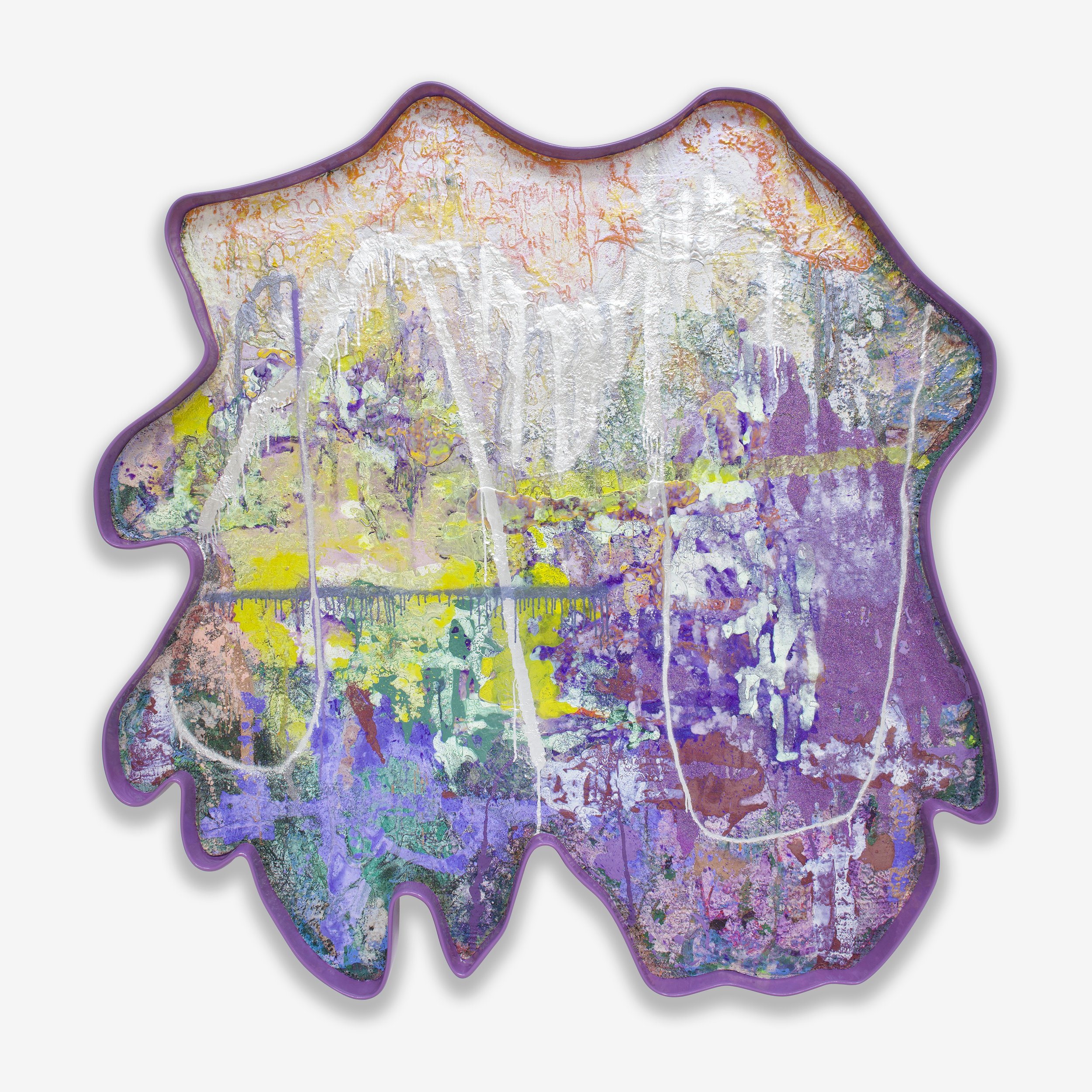   Torgh  / 2026 / Mixed media, and epoxy on extruded polystyrene / 66 x 66 1/2 x 3 1/4 inches (167.6 x 168.9 x 8.3 cm) 