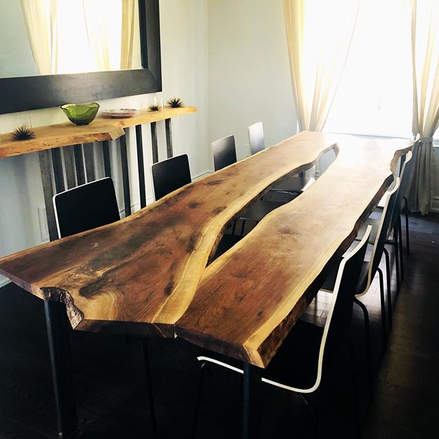 Custom live edge walnut dining table. #walnut #liveedge #liveedgewood #woodworking #diningroomtable #handmade #liveedgefurniture #liveedgedesign #weldedtablelegs