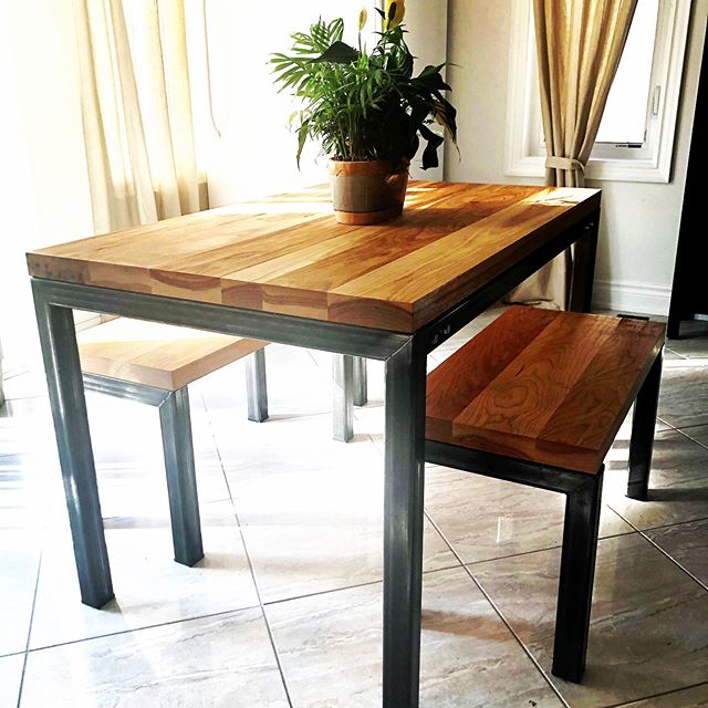 Custom made dining table with benches. Perfect size for a condo. #customfurniture #tablelegs #table #condoliving #customtables #customtablelegs #kitchentable