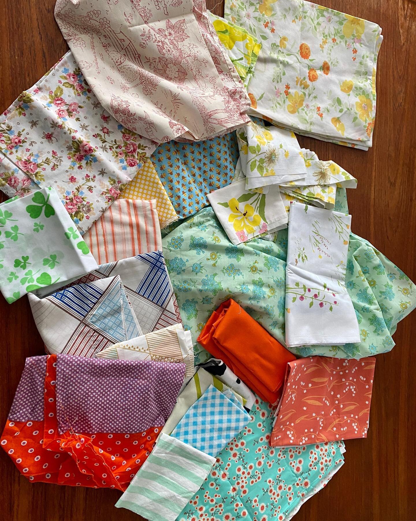 In addition to the obvious landfill-reduction and uniqueness of buying second hand fabric, I&rsquo;m still sometimes blown away by how freaking thrifty it is!
I got yards and yards of the cutest mix today for TEN DOLLARS, which also goes to benefit a