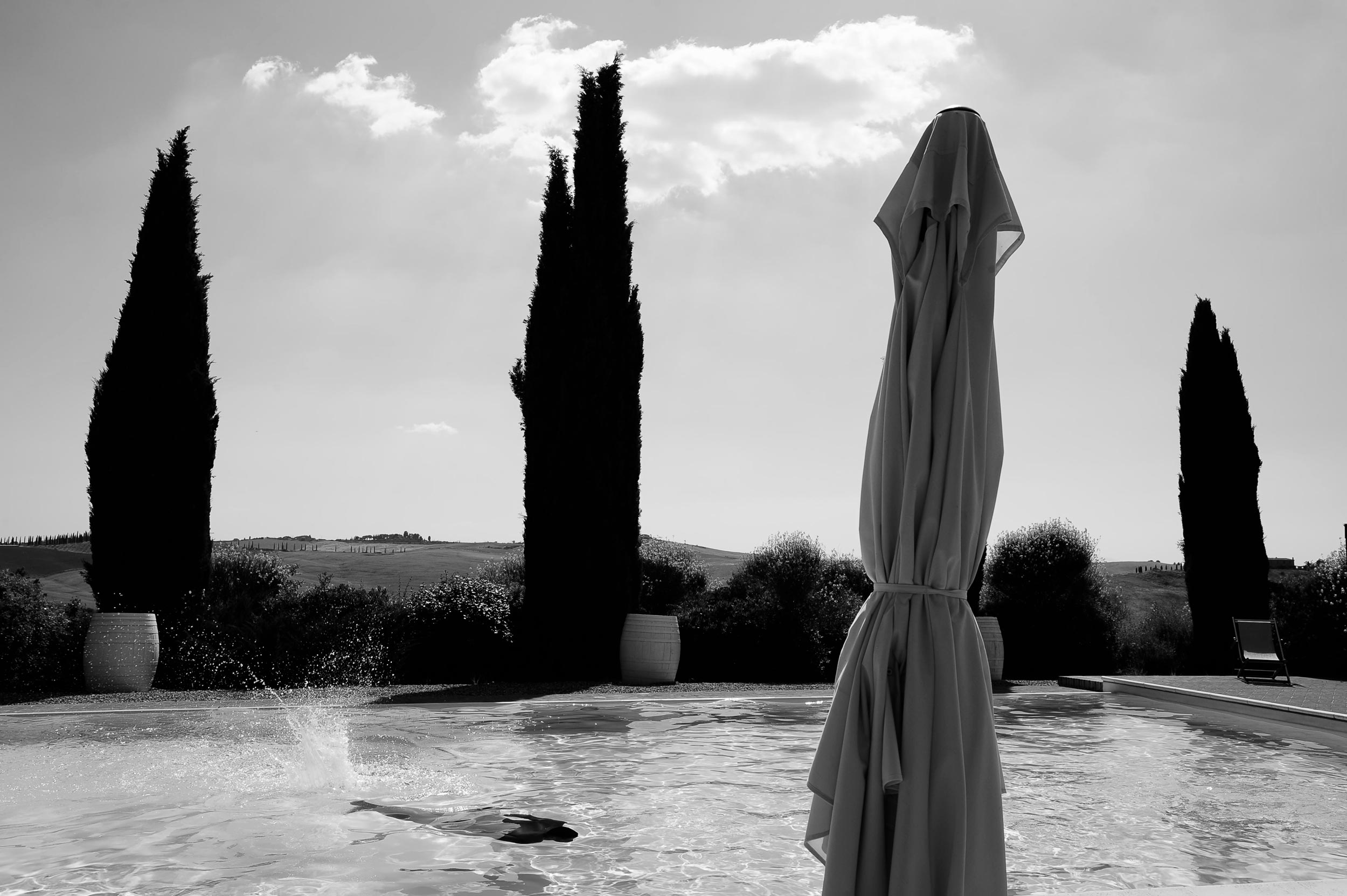 Cypresses with Black Man in the Swimming Pool in Tuscany Wedding Photographer Alessandro Avenali 2019