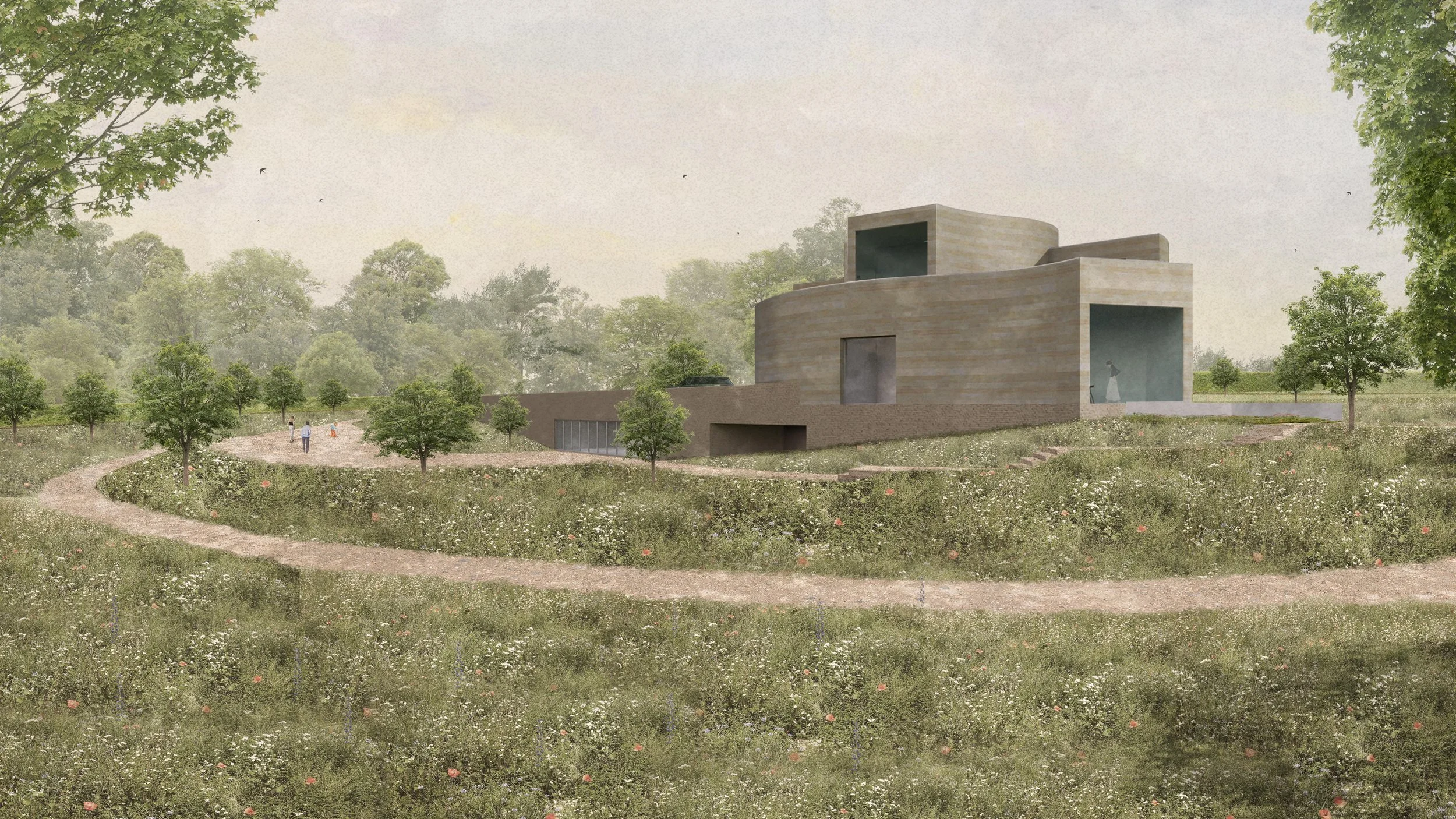 A modern building with curved and rectangular shapes surrounded by trees and a pathway, set in a grassy field with flowers.