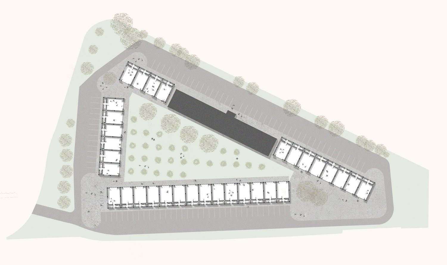 Site plan of a residential complex with multiple buildings, parking lots, and landscaped areas.