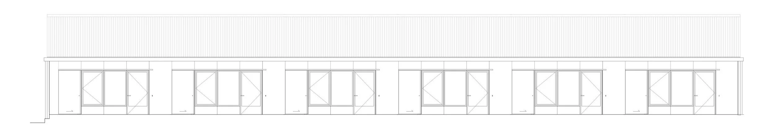 Line drawing of a building facade with multiple large windows and glass doors, with a sloped roof.