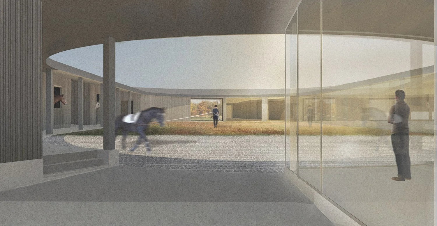 Architectural rendering of a modern building with a large circular open courtyard, glass walls, and people walking and interacting outdoors.