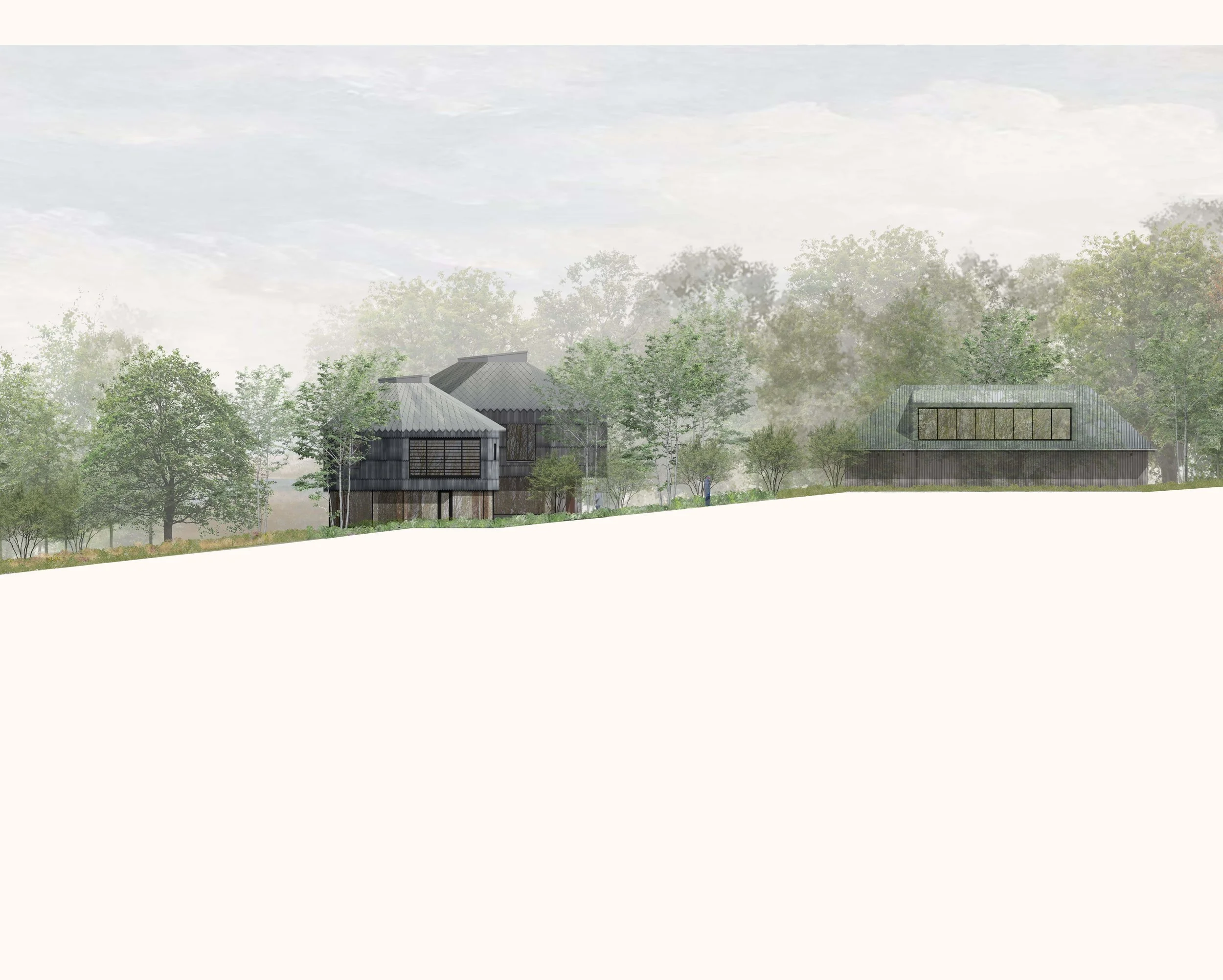 Rendering of modern residential buildings surrounded by trees with a cloudy sky overhead.