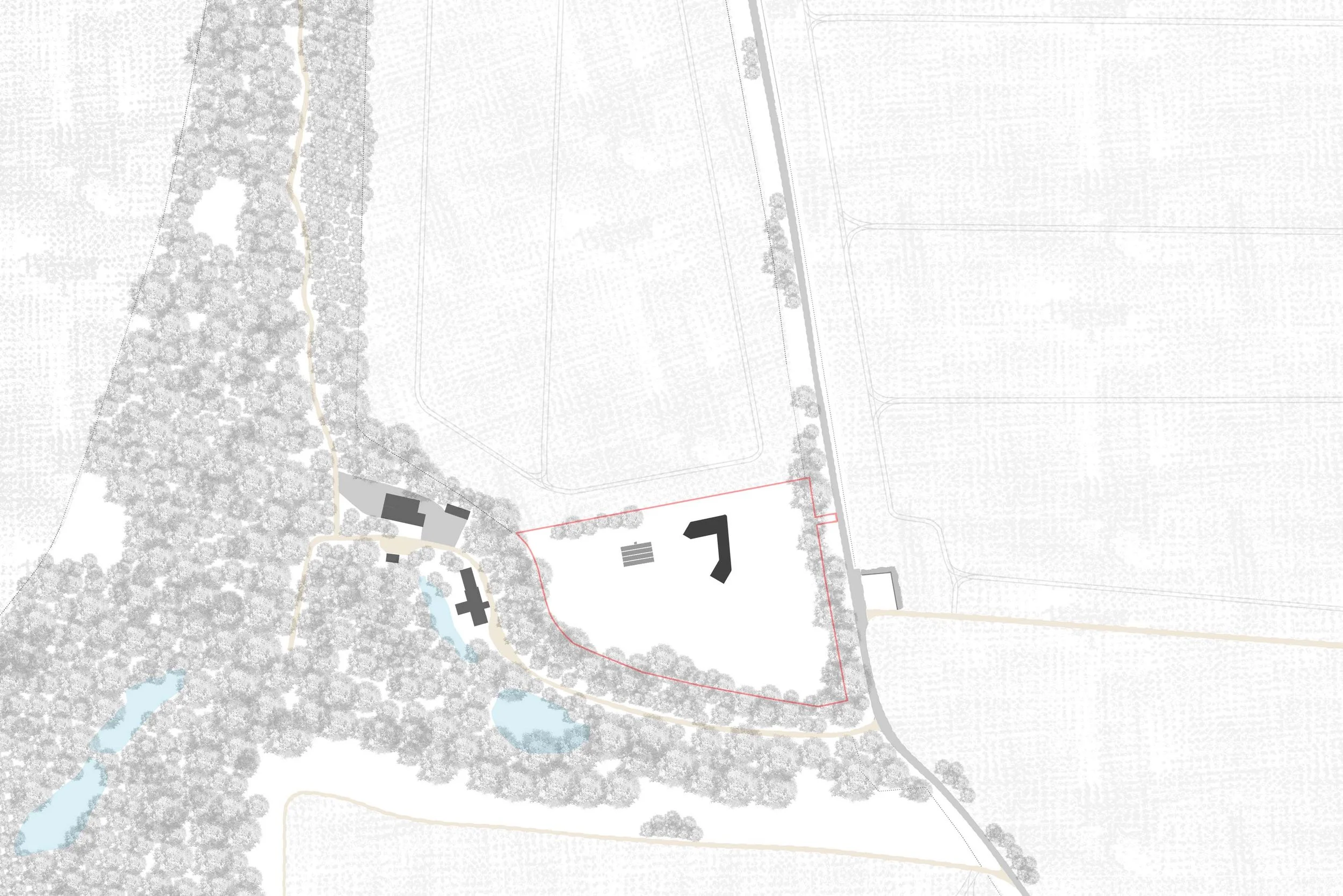 A grayscale map of a park or natural area featuring a winding path, clusters of trees, a pond or water body, and some buildings or structures outlined in black.
