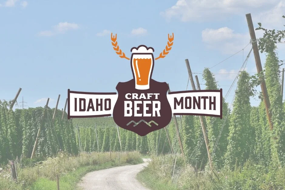 Idaho Craft Beer Month logo over an Idaho hops field
