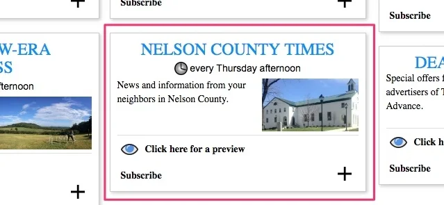 The Nelson County Times weekly email newsletter i s free. Go here to sign up.