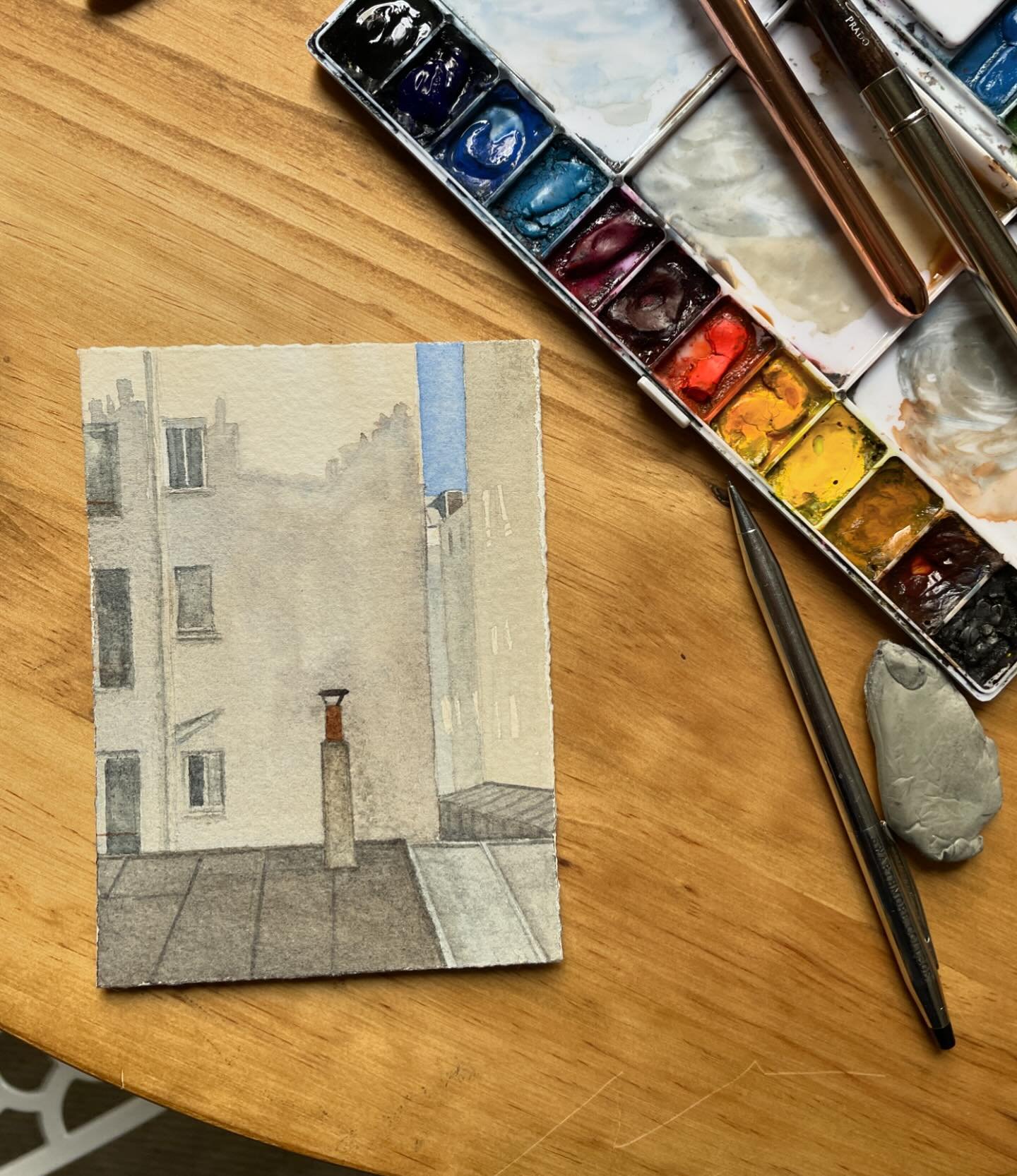 Lil&rsquo; Paris painting - three pigments: cobalt blue, yellow ochre, and burnt sienna. 

#parispainting #watercolorsketch