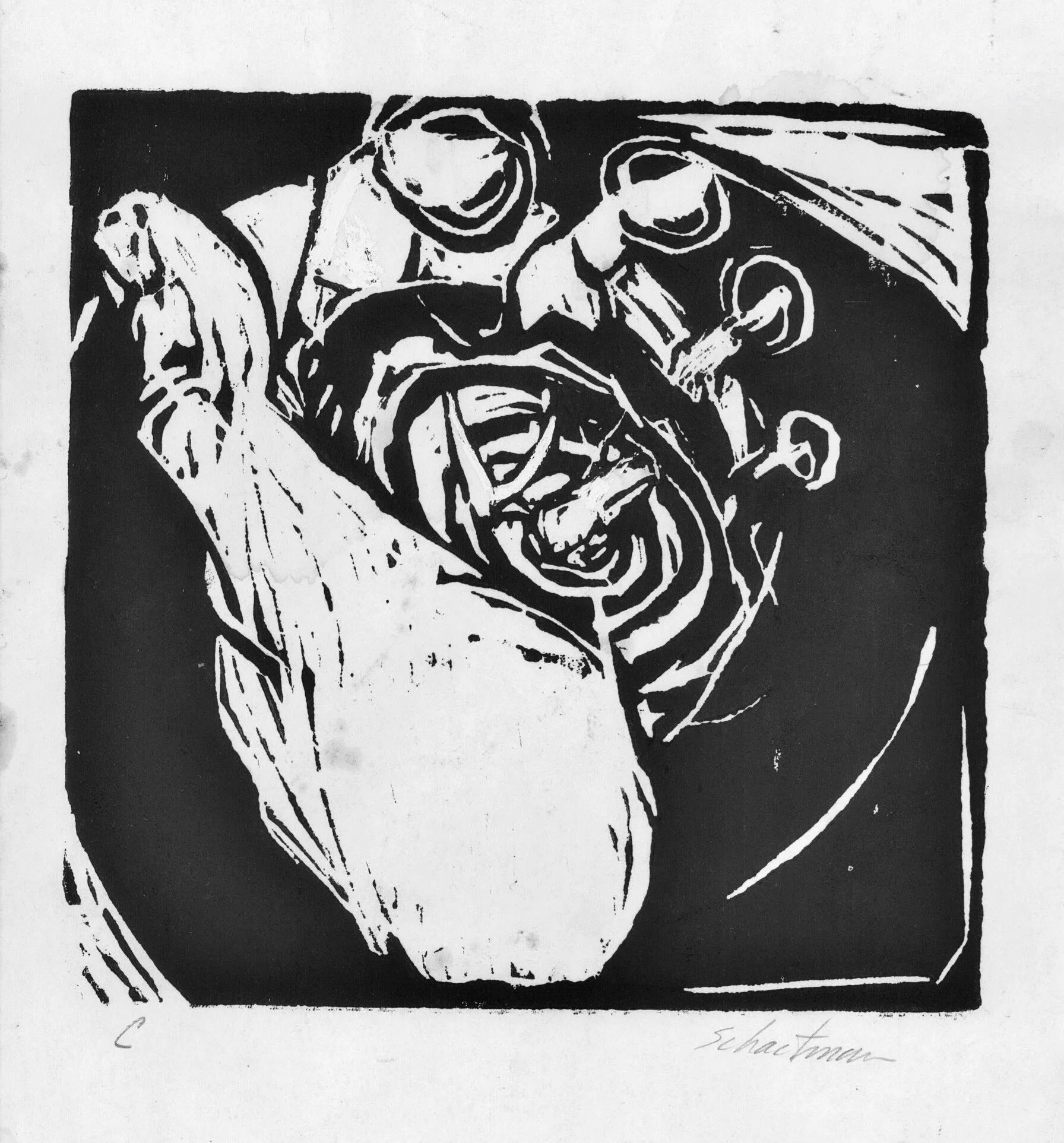 Joe Schactman, Hunter/Hunted, woodcut on paper, 6 1/2 x 6 inches, approx. 1995-98. Courtesy of Lilly Dancyger.