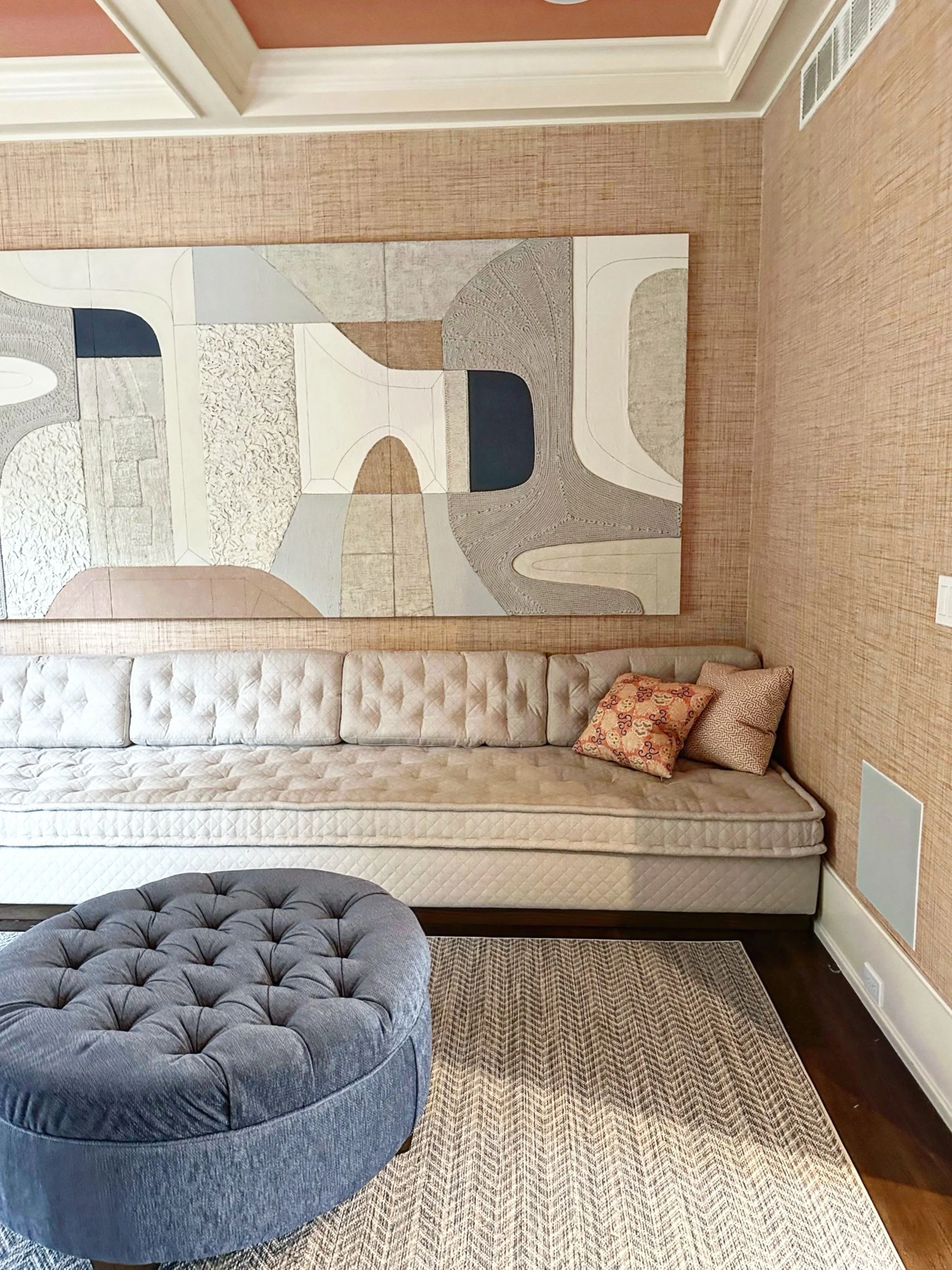 Another view of a mixed media triptych by @malcolmhillartist , which is the focal point of this media room in the Hamptons. ⁠
⁠
⁠
⁠
⁠
⁠
⁠
⁠
⁠
#gideonmendelson #whatdesigncando #mendelsongroup #artonthewalls #collectingart