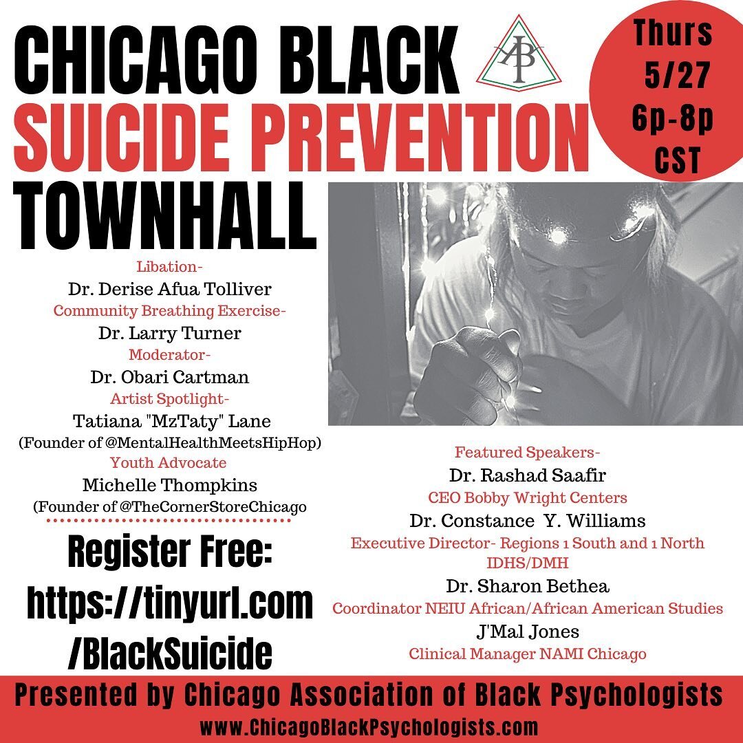 We&rsquo;re having a virtual discussion on Thursday, May 27th at 6pm to begin putting our hearts and minds together towards a solution, healing. Join us! 
&bull;&bull;&bull;
Last year 97 Black residents of Cook County died by suicide, ranging from ag
